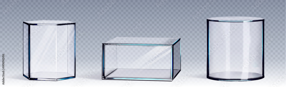 Poster glass museum display cases set - cylindrical, rectangular cube, hexagonal prism shapes. transparent 