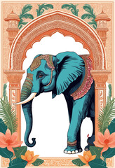 Vibrant Elephant Illustration with Ornate Arch and Floral Accents in Traditional Indian Art Style