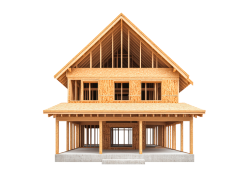 Wooden Frame House Under Construction isolated on transparent background