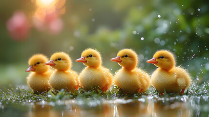 Five adorable baby ducklings playing in water