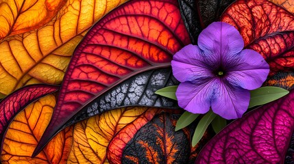 Vibrant Purple Flower on Colorful Autumn Leaves
