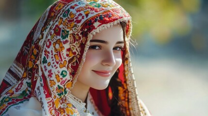 Smiling Young Adult Woman Wearing a Floral Embroidered Headscarf Outdoors