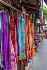 Vibrant Colorful Fabrics Hanging Outside Shop in Shopping Asian Street Market Displays, Copy Space