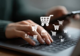 Online shopping and e-commerce technology concept. Woman using a laptop and smartphone surrounded by digital shopping cart icons, symbolizing e-commerce, online retail, and modern shopping technology.