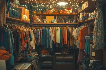Naklejka premium A cozy, well-lit clothing closet filled with a variety of colorful garments and personal items, creating a warm and inviting atmosphere