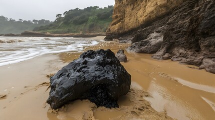 Dark Volcanic Rock on Sandy Beach Coastline