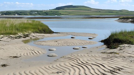 Serene Coastal Landscape: Rippled Sands, Calm Water, and Rolling Hills