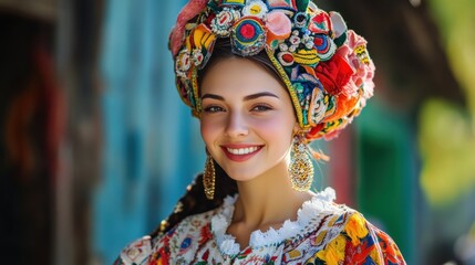 Fototapeta premium Smiling Woman Wearing a Colorful Floral Headdress and Statement Earrings