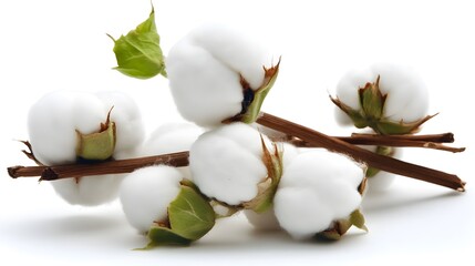 Closeup of Fluffy Cotton Plant Branch Isolated on White