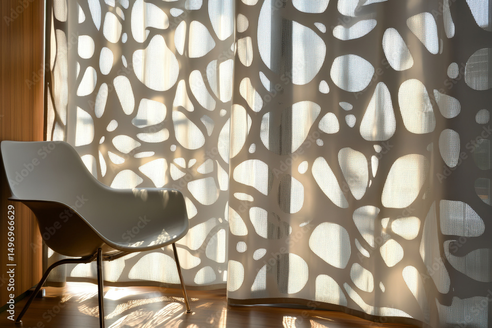 Poster modern chair and organic pattern. a modern white chair sits before a window with a unique, organic p