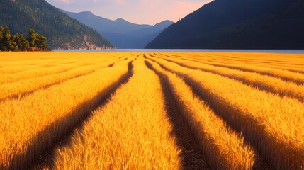 Golden Wheat Field at Sunset Dramatic Mountain Landscape