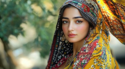 Portrait of a serene Indian woman wearing a colorful patterned headscarf outdoors