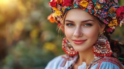 Blonde Woman with a Floral Crown and Embroidered Clothing in a Garden Setting