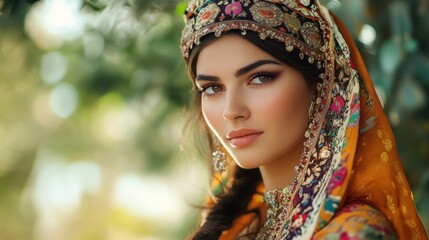 Portrait of Indian Woman in Traditional Dress and Elaborate Headwear Outdoors