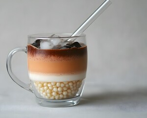 Layered Iced Coffee Drink in Glass Mug with Boba Pearls