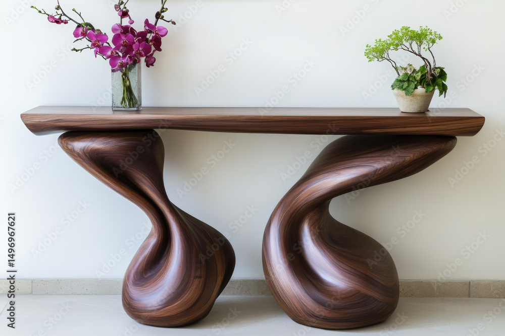 Poster twisted wooden console table design. a stylish wooden console table with a unique, twisted design is
