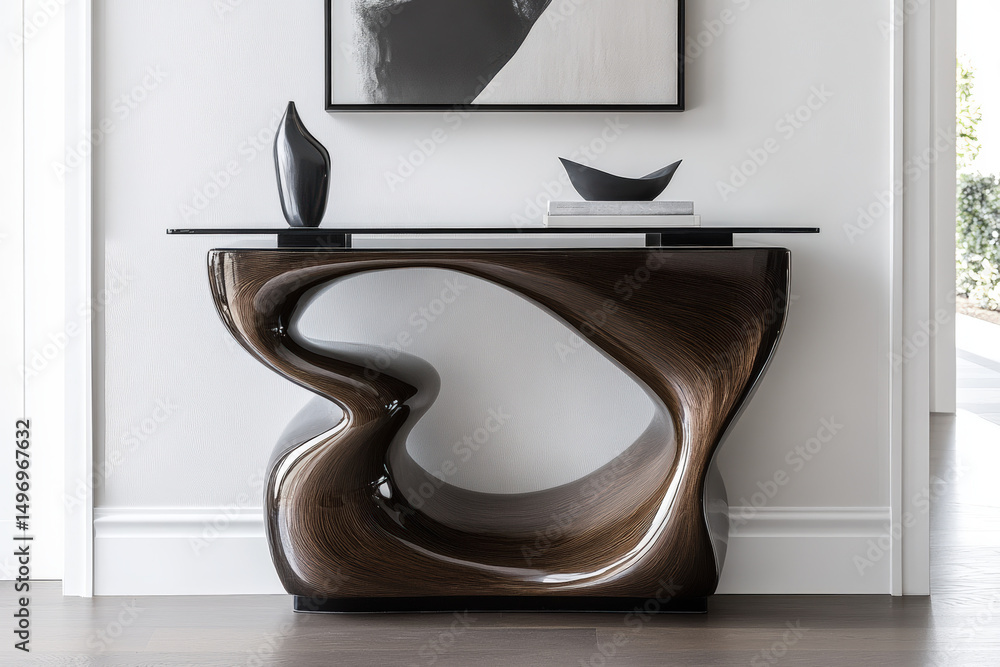 Poster twisted wood console table design. elegant, modern console table with a unique twisted wooden design