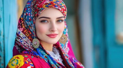 Portrait of a Woman Wearing a Traditional Colorful Embroidered Headdress