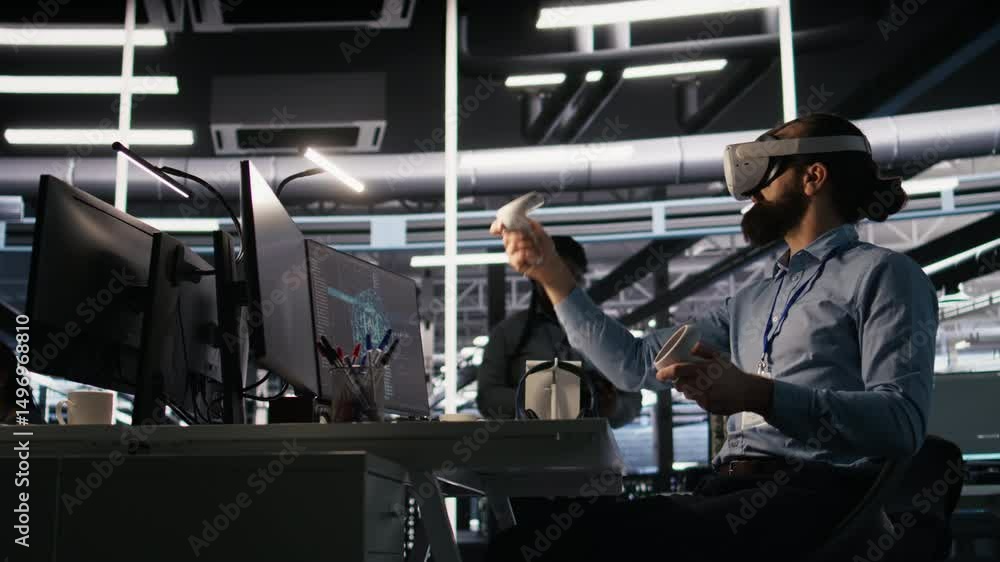 Poster data center developer using virtual reality technology to visualize artificial intelligence llm neur