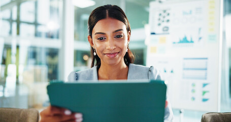 Smile, reading and business woman with tablet for accounting, economy update or finance report in...