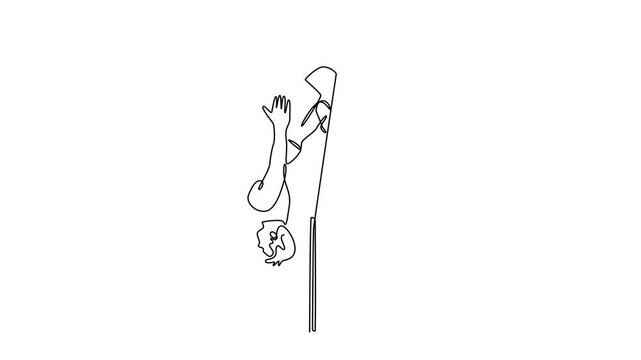 Animated self drawing continuous line draw strong male athlete jumper high jump in athletic competition on track stadium. Dynamic approach to clearing impressive height. Full length one line animation
