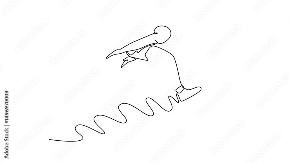 Poster self drawing animation single line draw active male athlete jumping in sandpit competing in long jum