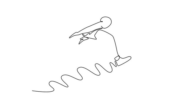 Self drawing animation single line draw active male athlete jumping in sandpit competing in long jump during long or triple jump attempt competitive sports event. Continuous line. Full length animated