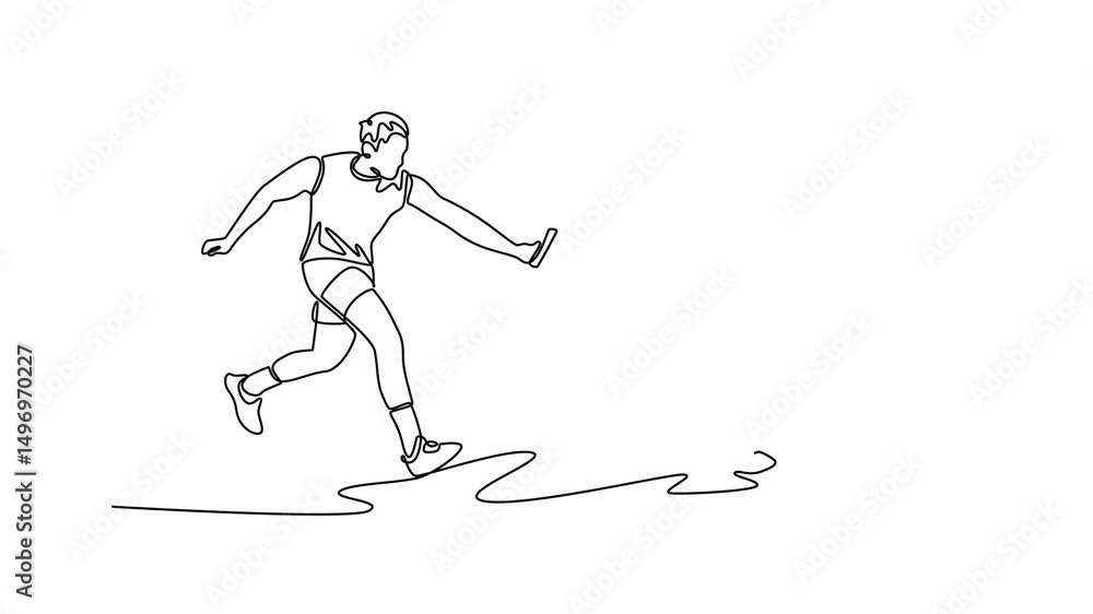 Poster self drawing animation of single line man team running with baton in relay on outdoors stadium track