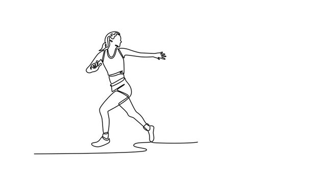 Self drawing animation single line attractive woman team running with baton in relay on stadium track together. Group of athletes holding bar in competitive race. Continuous line. Full length animated