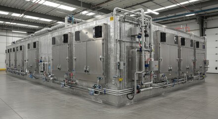 Large Industrial Cold Storage Unit with Complex Piping System Interior View