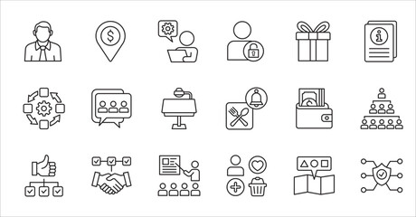 Business company and Management icon set. Contains symbol of success, data, reward, work, money, employee, businessman, target, finance, lunchtime, task, shop, meeting, education. Vector illustration