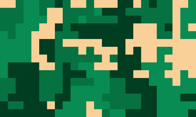 Abstract pixel art background.  Green and beige digital camouflage pattern.  Modern, geometric design ideal for tech, gaming, or military contexts.  Use as a texture, wallpaper, or website element.