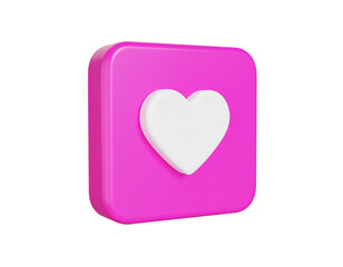 Pink square button with white heart icon isolated on a white background