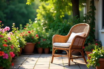 A rustic cane chair sits on a sun-drenched patio, surrounded by lush greenery and vibrant summer blooms  Perfect for summer vibes, relaxation, and outdoor living imagery ,  tranquility,  design