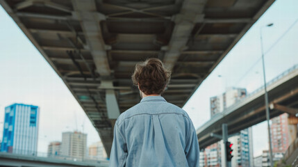 Young man in denim shirt standing under bridge in urban city with buildings and roads