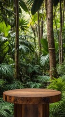 Fototapeta premium Tropical wooden table lush jungle setting