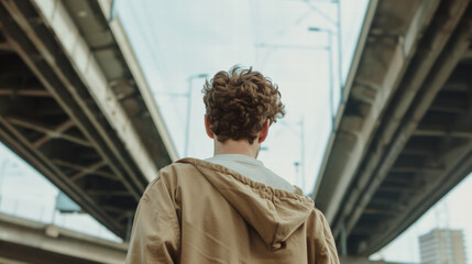 Young man with curly hair wearing brown jacket standing under bridge in city