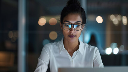 Young woman wearing glasses working late at night with focused expression in office