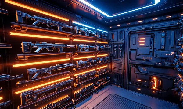Futuristic armory filled with various weapons, illuminated by vibrant neon lights in a sci-fi setting