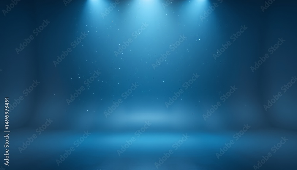 Poster blue illuminated empty stage or studio space with soft spotlight beams and subtle particles in the a