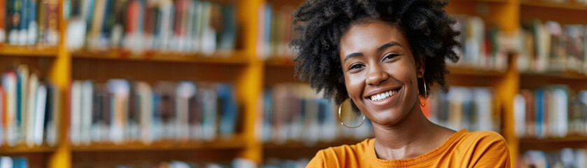 Happy student smiling in library with bookshelves in background, confident and joyful expression