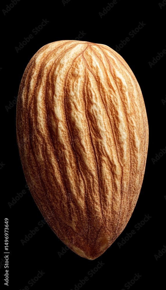 Poster macro single almond with textured shell and warm brown tones, isolated on a black background
