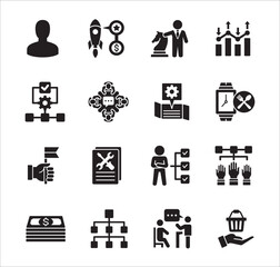 Business management flat icon set. Contains symbol of hierarchy, data, reward, work, money, employee, businessman, target, finance, lunchtime, success, task, shop, meeting, job. Vector illustration