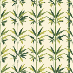 Elegant Bamboo Pattern: Tropical Green and Cream Wallpaper Design