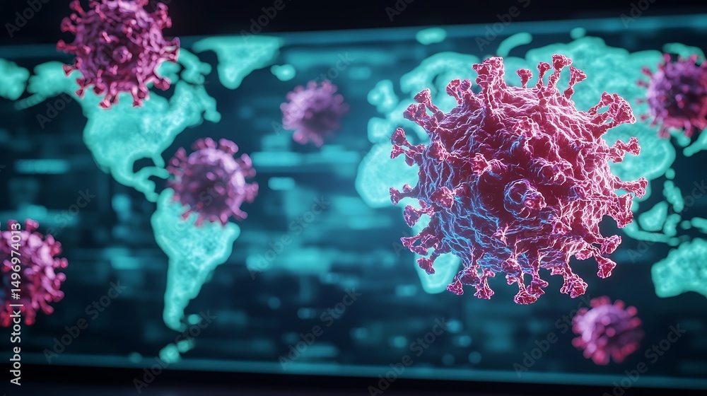 Poster 3d visualization of virus structure floating over world map representing global pandemic situation a
