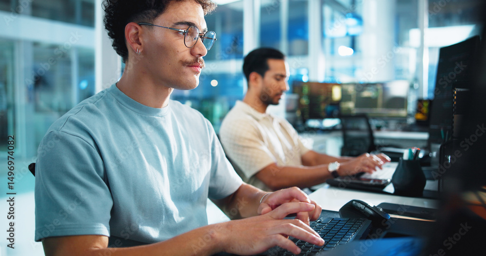 Poster Business people, computer and men with programming, night and internet with software update. AI expert, coworking and employees with pc, evening and coding with specialist and research for database