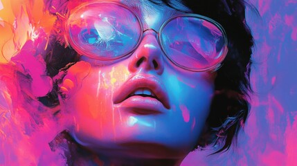 Close Up of a Woman with Glasses Under Vibrant Blue and Pink Lighting