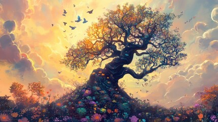 Large Flowering Tree Silhouette Under a Golden Sky with Birds