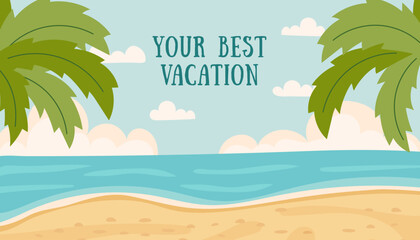 Summer beach background. Sand, sea, sky, palm leaves. Travel and vacation concept banner. Vector flat illustration.