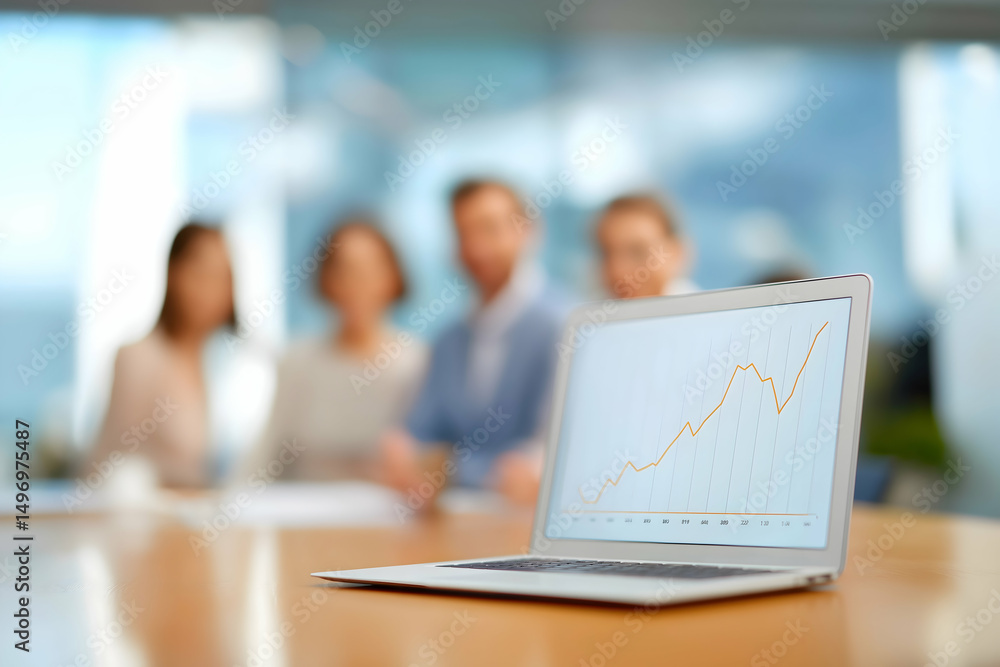 Poster a laptop displaying a rising line graph sits on a table with four blurred professionals in the backg